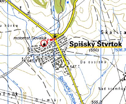 mapa obce Spišský Štvrtok so zvýraznenými obchodnými prevádzkami