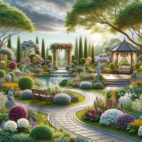 Okrasná záhrada s kvitnúcimi kríkmi a vodným prvkom