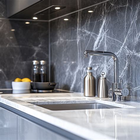 Lesklý obklad imitujúci mramor v kuchyni