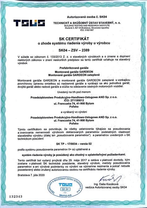 Certifikát vyhlásenia o zhode - príklad