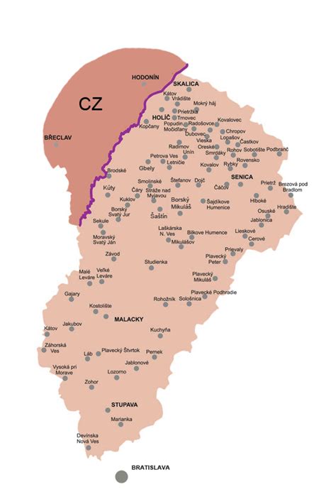 Mapa Záhoria s vyznačenými obcami Gajary a Malacky
