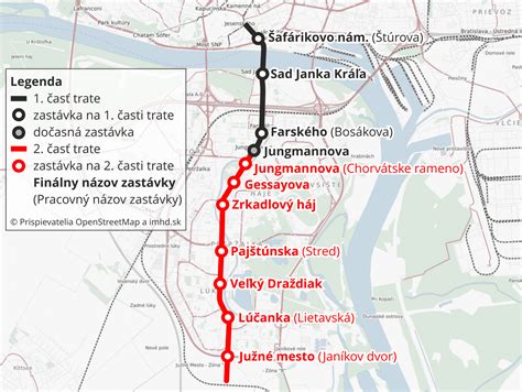 schéma električkovej trate a modernizovaných úsekov v Bratislave