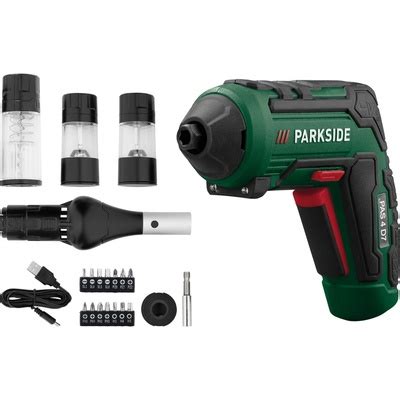 Detailný pohľad na príslušenstvo aku skrutkovača Parkside PAS 4 B3