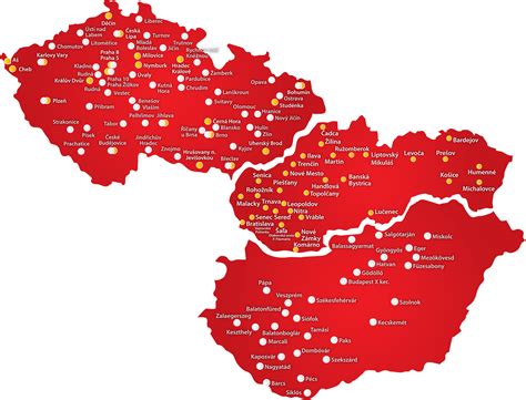 Mapa pobočiek STAVMAT STAVEBNINY na Slovensku, v Česku a Maďarsku