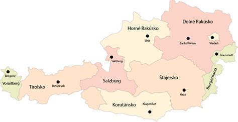 Mapa Rakúska s vyznačenou oblasťou Viedne a jej okolia