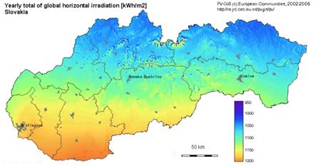 Mapa priemerného ročného slnečného žiarenia na Slovensku