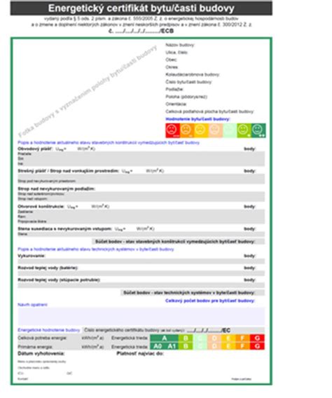 Vzor energetického certifikátu s vyznačenými kľúčovými údajmi a energetickými triedami