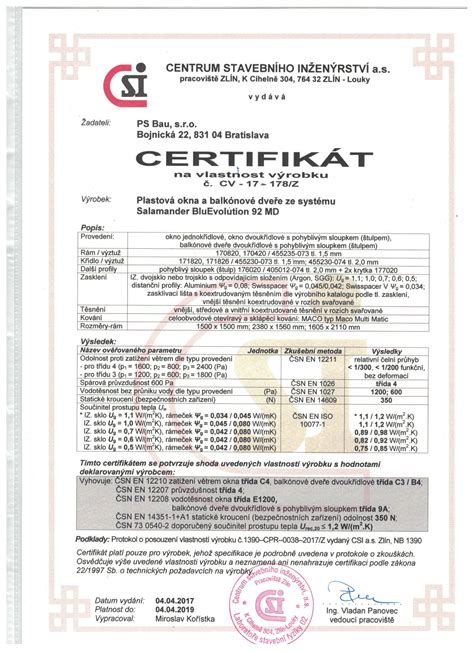 Ilustratívny certifikát kvality stavebných materiálov