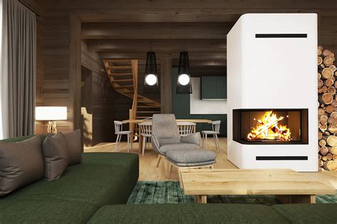 Interiér s moderným krbom