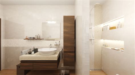 Vizualizácia kúpeľne s hnedým umývadlom a murovaným sprchovacím kútom