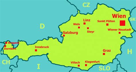 Mapa Rakúska s vyznačenými regiónmi Salzburg a Tirol