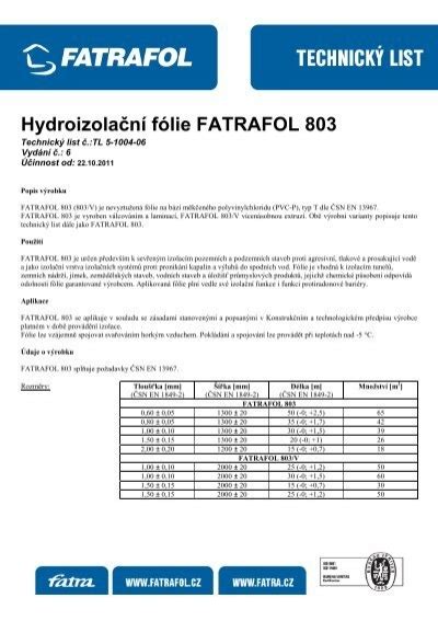Tabuľka hrúbok fólie Fatrafol 803 a ich aplikácie