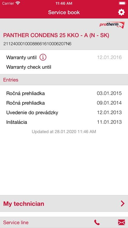 Ukážka mobilnej aplikácie Protherm Servisná kniha