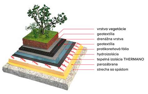Schéma vrstiev vegetačnej strechy s drenážou