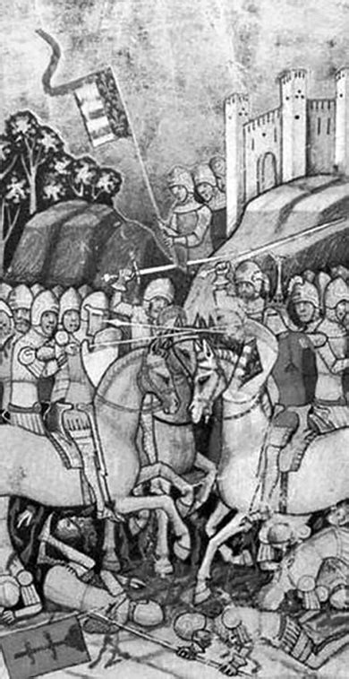 Ilustrácia z Viedenskej obrazovej kroniky zobrazujúca bitku pri Rozhanovciach