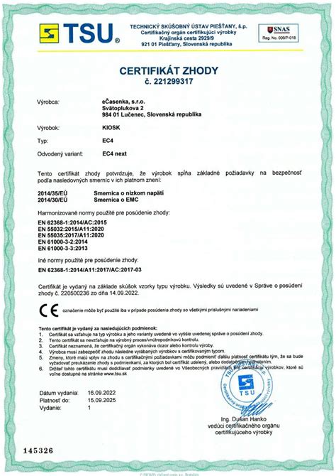 Certifikát zhody pre elektrický rozvádzač