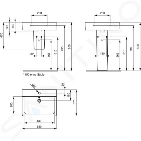 Rozmerový nákres umývadla Ideal Standard Connect Space