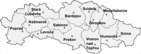 Mapa Prešovského kraja s označenými mestami s významnými stavebninami
