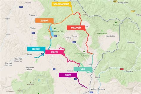 Mapa oblasti Poloniny Trail s vyznačenou trasou a mostami