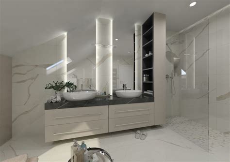 Moderný kúpeľňový salón s rôznymi obkladmi a sanitou v showroome RAMEX