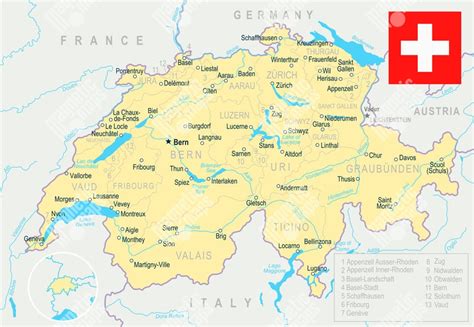 Mapa Švajčiarska s vyznačenými alpskými ľadovcami