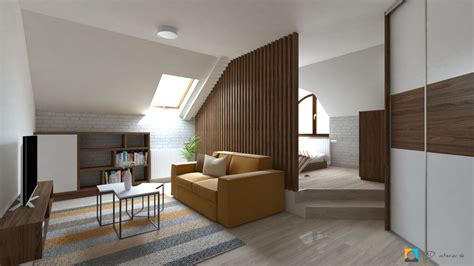 Vizualizácia interiéru podkrovnej izby s modernou vstavanou skriňou