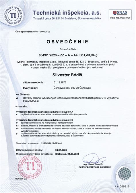 Certifikát revízneho technika