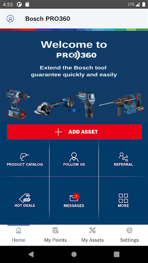 Screenshot aplikácie Bosch PRO360 s možnosťami registrácie produktu