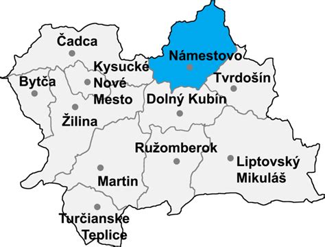 Mapa Oravského regiónu s vyznačenými mestami Námestovo, Oravská Jasenica, Rabča a Bobrov