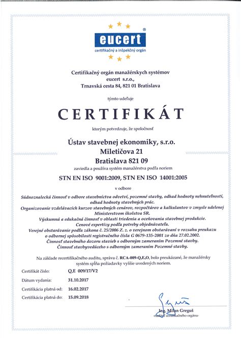 Certifikáty kvality ISO 9001 a ISO 14001