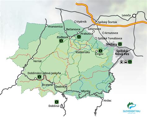 Mapa Národného parku Slovenský raj s vyznačenými roklinami