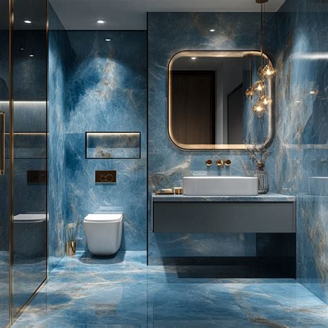 Modrý mramorový obklad v luxusnej kúpeľni