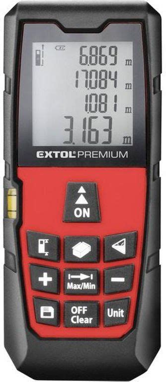Detailný pohľad na displej laserového merača Extol Premium 8820042 s podsvietením