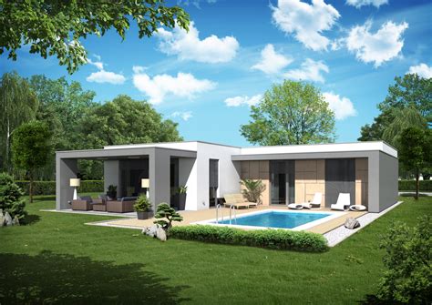 Moderný jednopodlažný bungalov s rovnou strechou a veľkými oknami