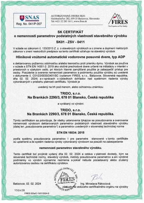 SK Certifikát nemennosti podstatných parametrov stavebných konštrukcií