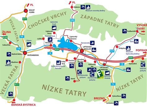 Mapa Liptova s vyznačenou cestou medzi Partizánskou Ľupčou a Liptovskou Lúžnou