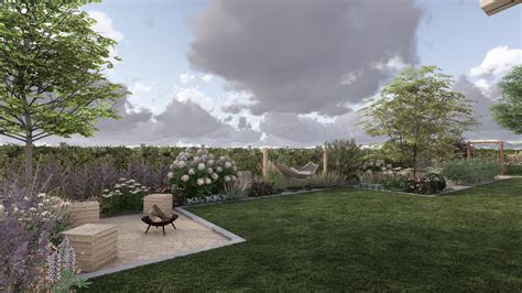 Vizualizácia záhrady s použitím betónových prvkov imitujúcich drevo