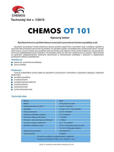 Tabuľka s technickými parametrami CHEMOS PT12