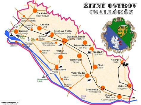 Mapa regiónu Žitný ostrov s vyznačenou železničnou traťou Bratislava - Komárno.