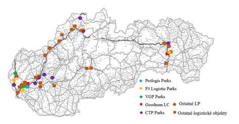 Mapa znázorňujúca logistické centrá alebo sklad