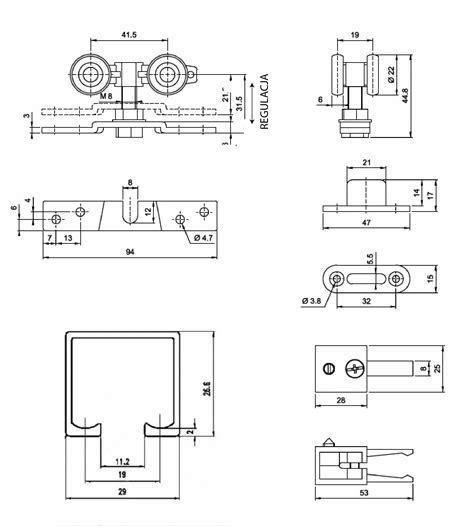 Schematické znázornenie komponentov kovania pre posuvné dvere.