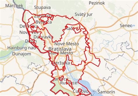 Mapa znázorňujúca historické areály obnovené BSK v okolí Bratislavy
