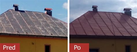 Detailný záber na profesionálne natieranie plechovej strechy