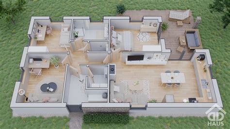 3D model rodinného domu s pôdorysom a exteriérovými prvkami