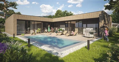 Konečný render 3D vizualizácie rodinného domu pri západe slnka