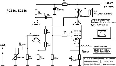 Schéma elektrónkového zosilňovača s PCL86