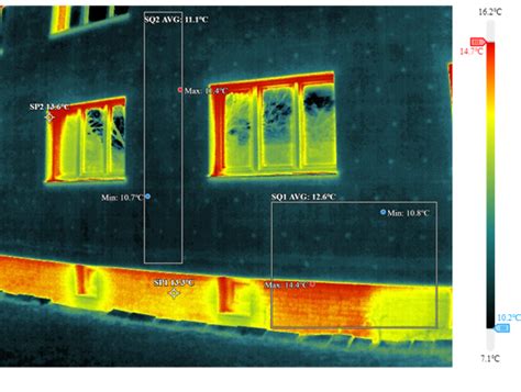 Termografický snímok zateplenej fasády ukazujúci oblasti potenciálneho úniku tepla