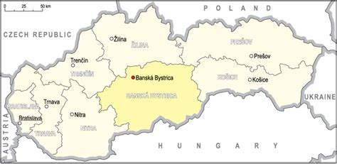 Mapa Slovenska s vyznačenou oblasťou Kúpeľov