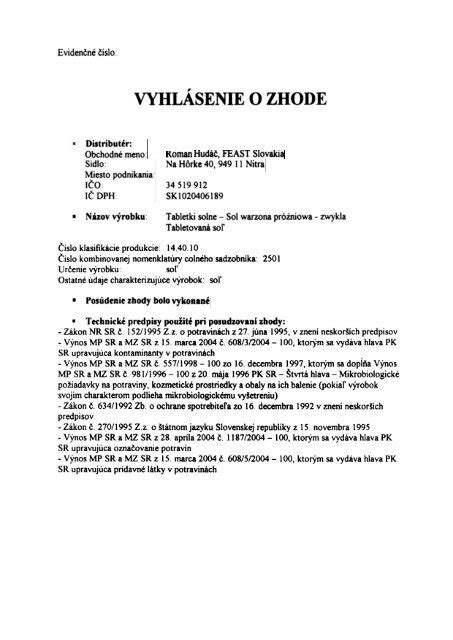 Ukážka Vyhlásenia o zhode
