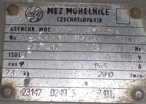 Detail štítku elektromotora MEZ Mohelnice